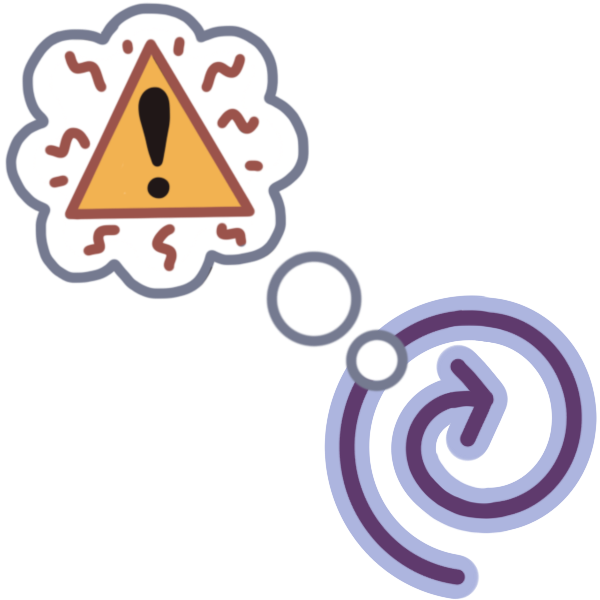 an inward spiraling arrow, with a though bubble branching off of it. In the thought bubble is a caution sign with wiggly marks around it.